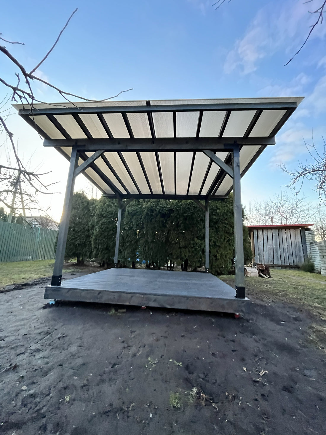 Terrace deck 3x3 meter with canopy by Terases, showing the outdoor wooden platform with protective roof in a garden setting