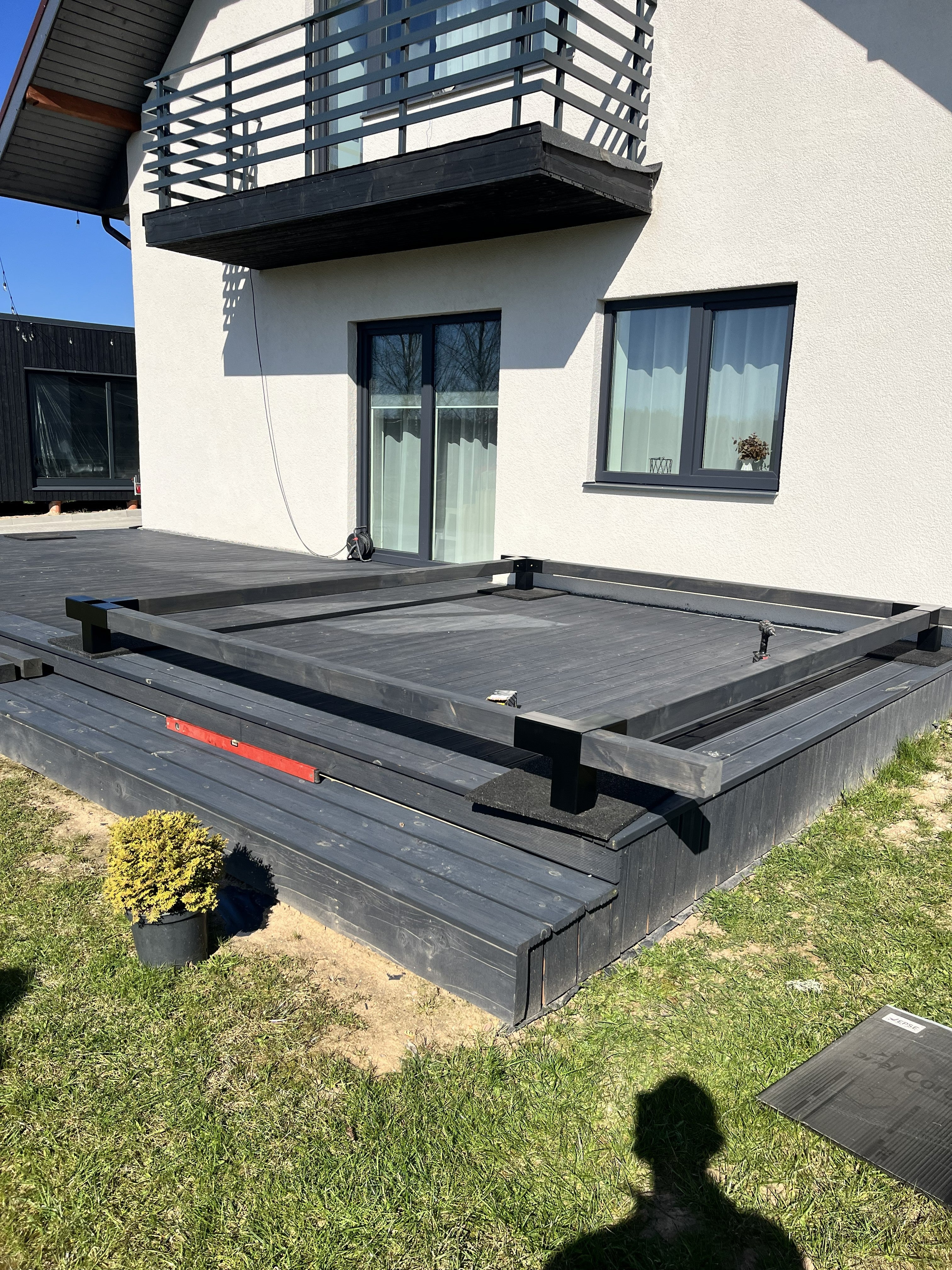 Modular DIY canopy by Terases, 10mx4.5m, showing assembled metal frame and fabric cover for outdoor shade and protection.