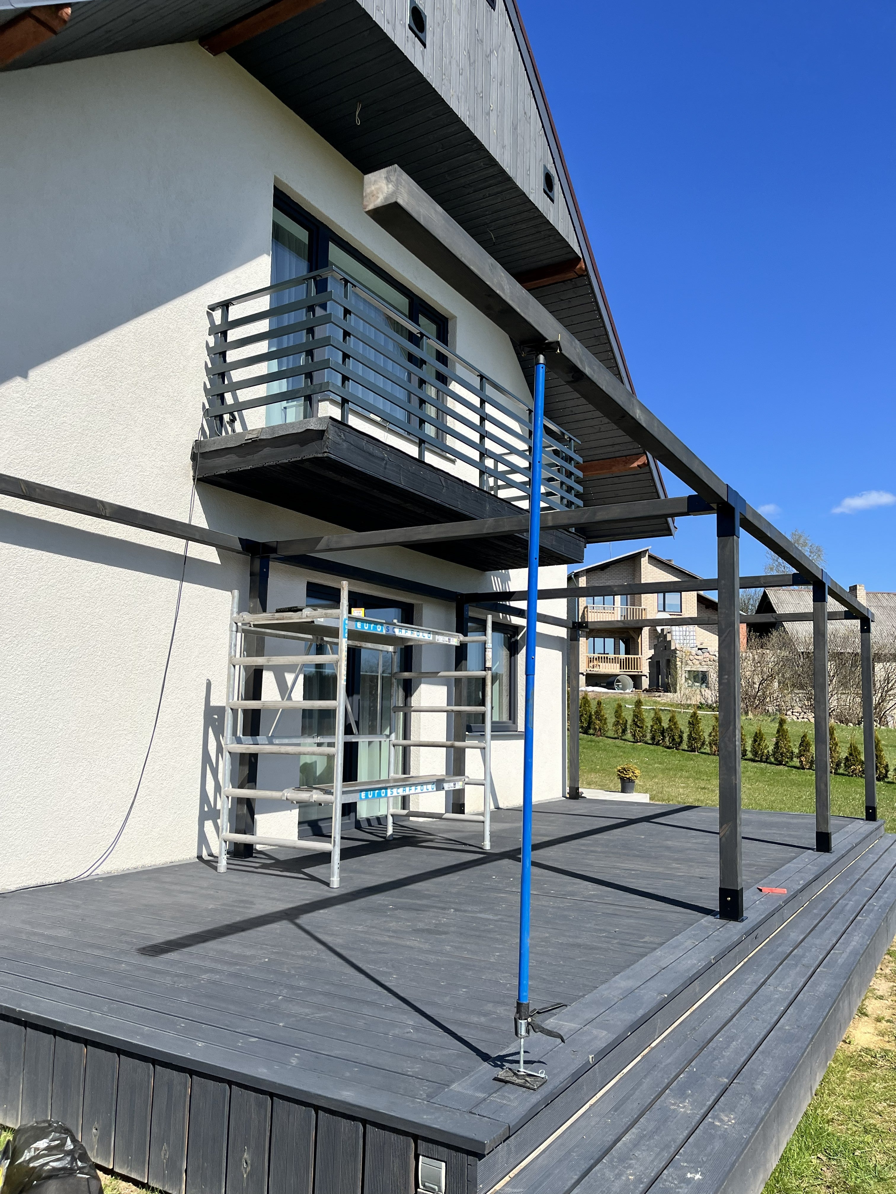 Modular DIY canopy by Terases, 10m x 4.5m, showing assembled frame with fabric cover in outdoor setting.