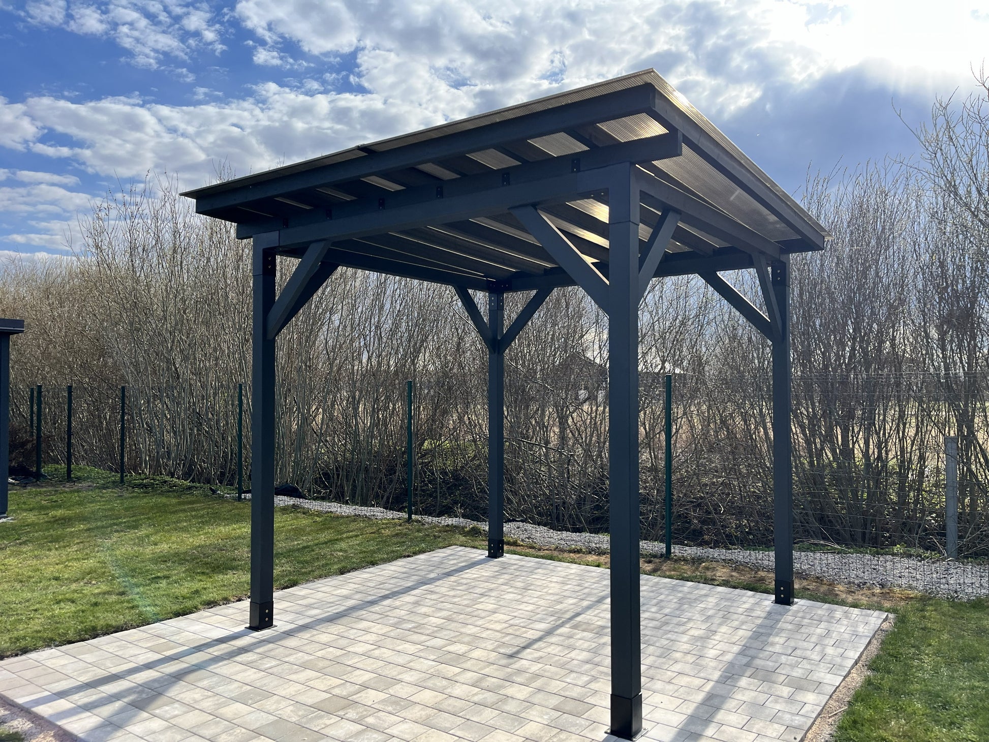 Modular DIY canopy by Terases, 3.5m x 3.5m, showing assembled frame with fabric cover in outdoor setting.
