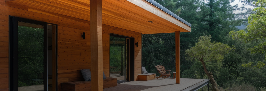 Wooden cabin with a porch surrounded by trees