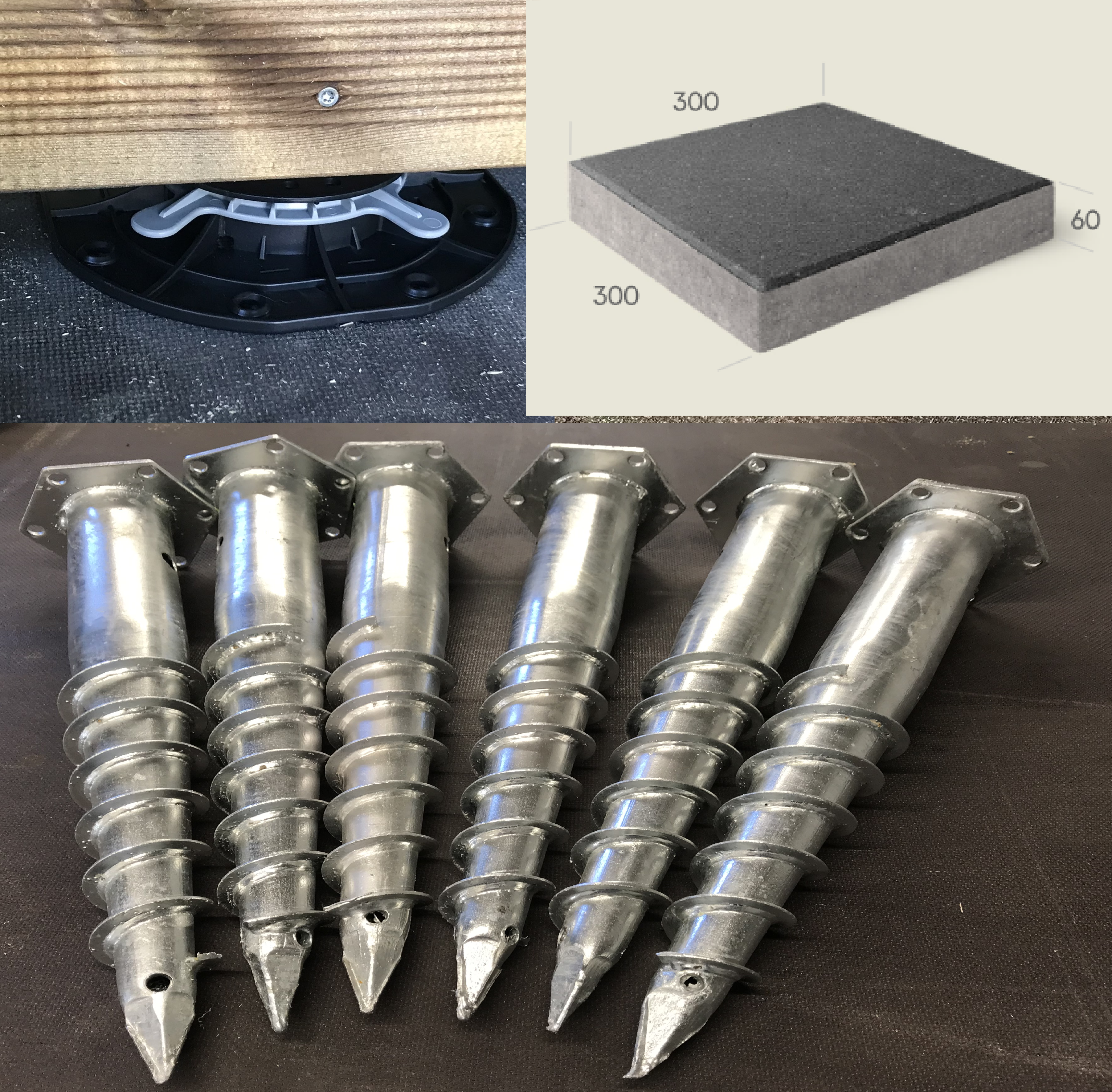 Metal spikes arranged in a row on a dark surface, with a close-up of a metal plate and concrete block in the background.