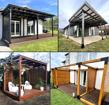 Collage of four images showing outdoor pergolas and patios.
