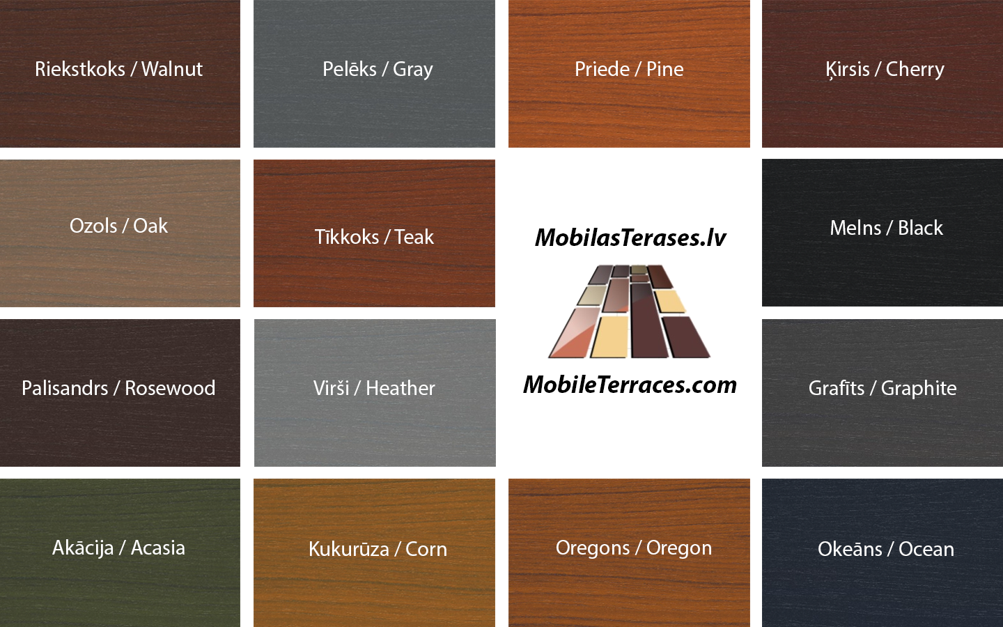 Color swatches of various wood finishes with 'MobilaTerases.lv' branding.