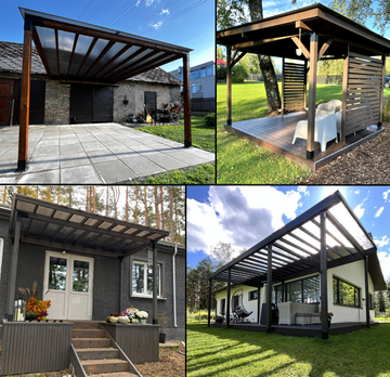 Collage of four different outdoor pergola structures in various settings.